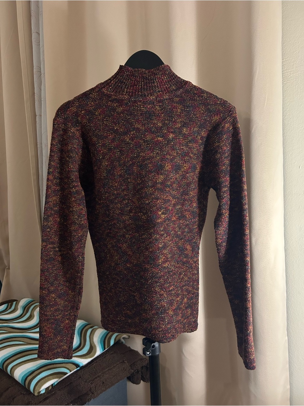 Vtg 80s Le Moda Multi Color Space Dye Mock Neck Knit Pullover Sweater Size M
